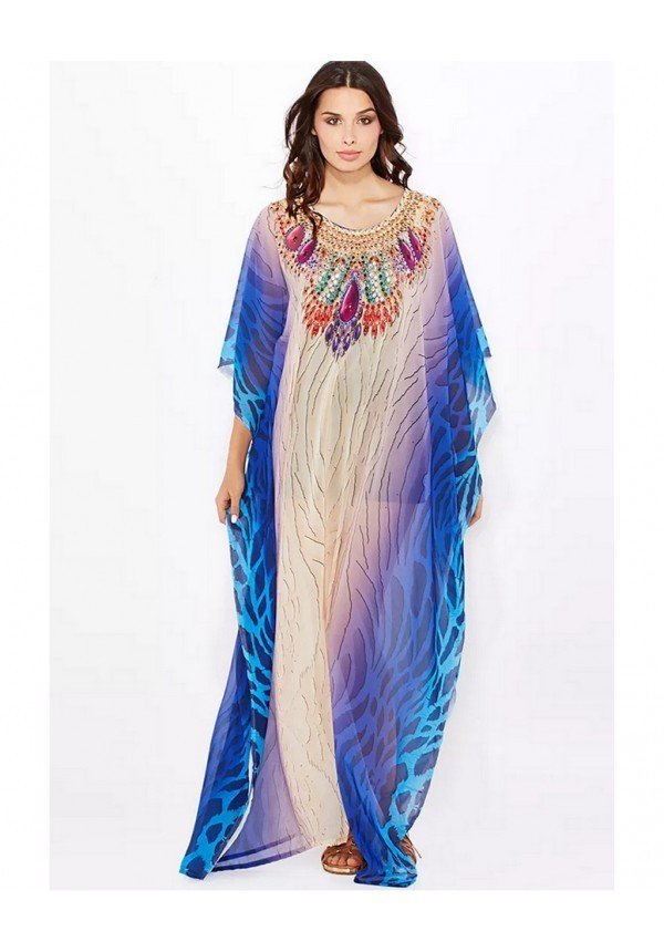 Vestido de fiesta de kaftan largo / adornado con adornos de cristal blanco azul