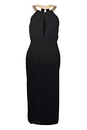 Cuello alto negro adornado vestido largo de Mujer