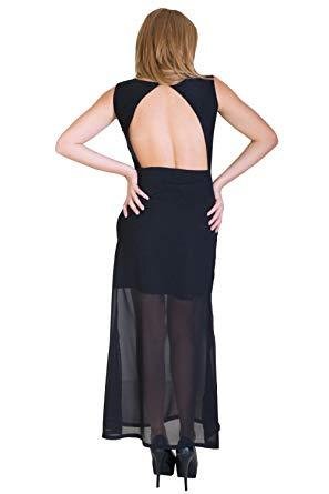 Vestido negro largo sin espalda adornado con medio forro de Mujer