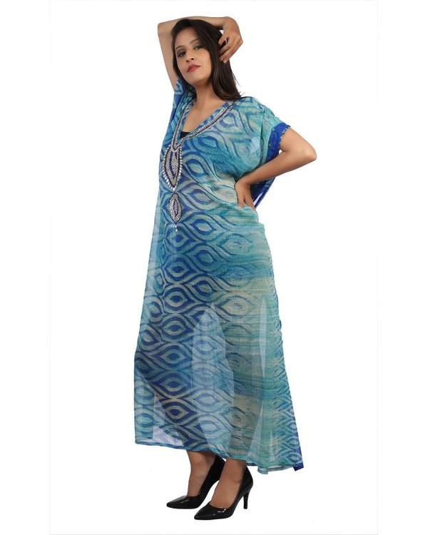 Vestido largo azul caqui adornado con largo kaftan